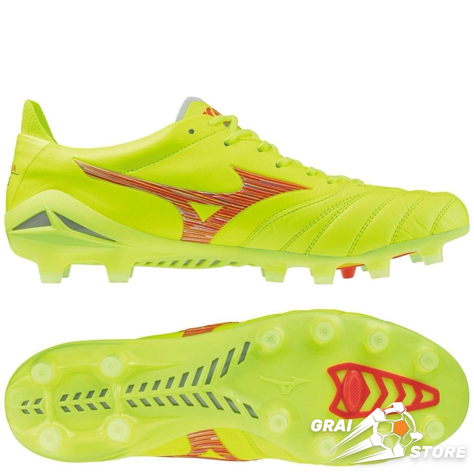 Бутси Mizuno Morelia Neo IV Made in Japan FG Safety Yellow/Flery Coral/Galaxy Silver #grai.com.ua